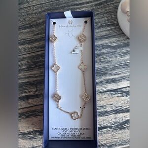 House of Harlow 1960  Gold & Mother of Pearl & Rhinestone Clover Necklace